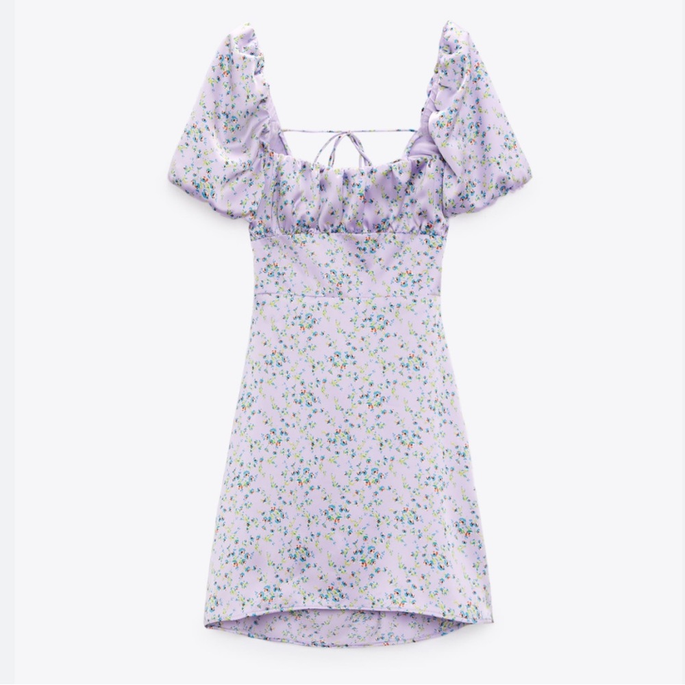SOLD Zara floral printed puff sleeve lace back satin effect dress